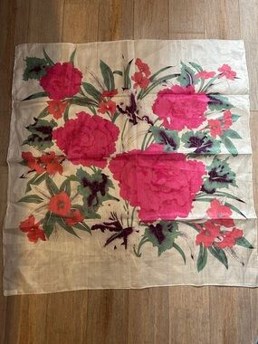 Floral Square Thai Silk Scarf with Pink Blooms rolled hem shiny 32”